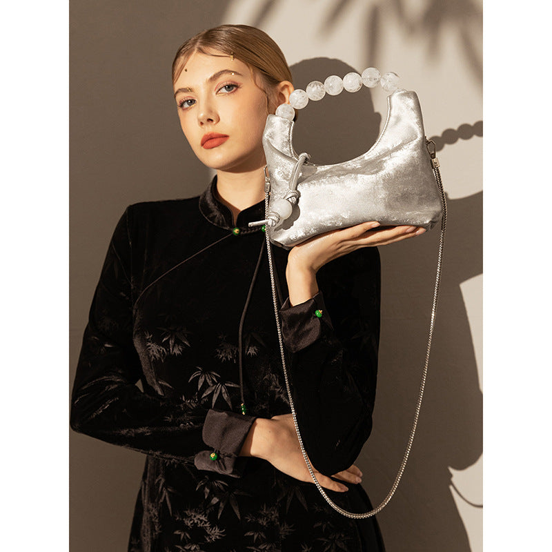 Elegant Genuine Leather Dumpling Bag with Beaded Handle
