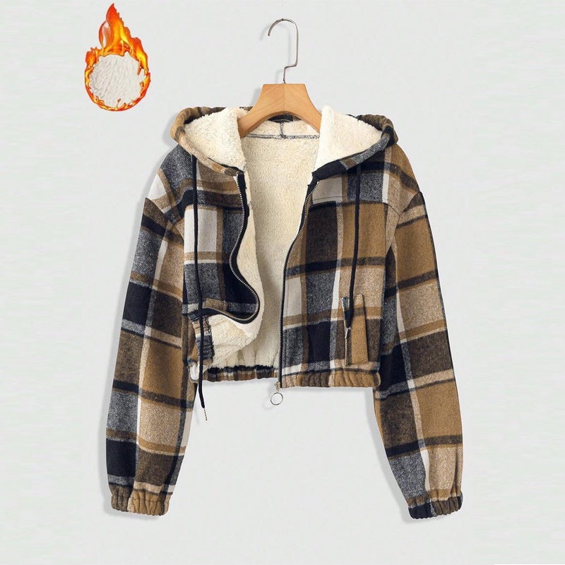 Women’s Plaid Hooded Jacket – Full-Zip Lightweight Winter Coat