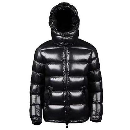 Men’s Short Shiny Black Down Jacket – Lightweight Waterproof Winter Puffer with White Duck Down - Boutique Élégance