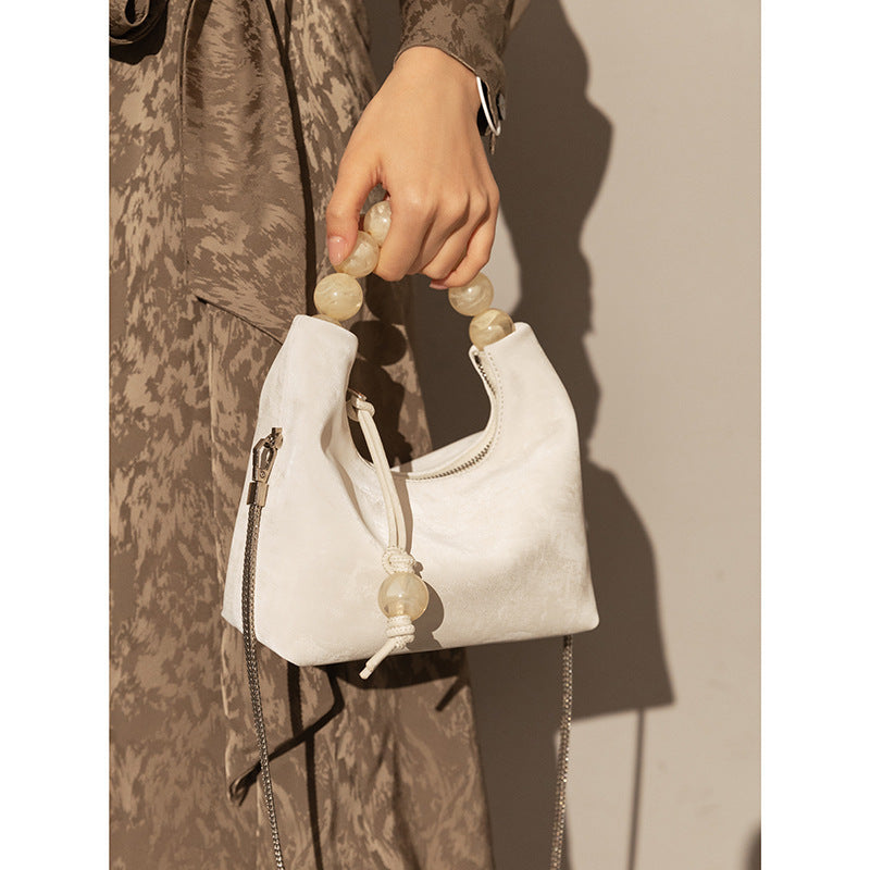 Elegant Genuine Leather Dumpling Bag with Beaded Handle