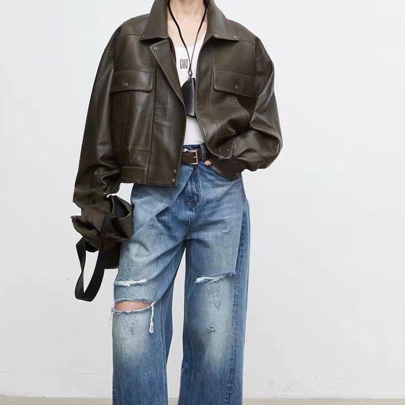 Women’s Retro Oversized Sheepskin Leather Short Jacket – Casual Streetwear, Vintage Loose Fit
