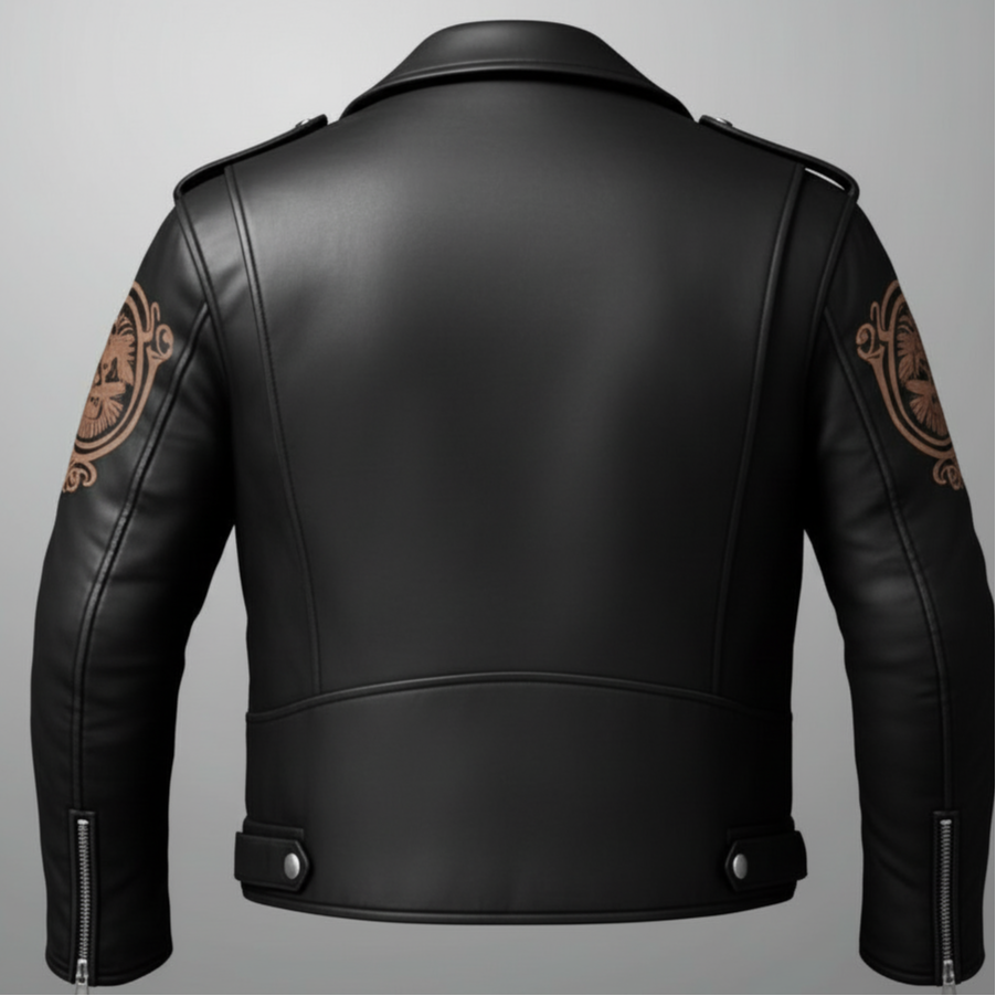 Men’s Premium Black Leather Biker Jacket – Embroidered Griffin & Crest Design, Slim Fit Streetwear