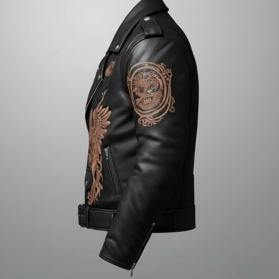 Men’s Premium Black Leather Biker Jacket – Embroidered Griffin & Crest Design, Slim Fit Streetwear