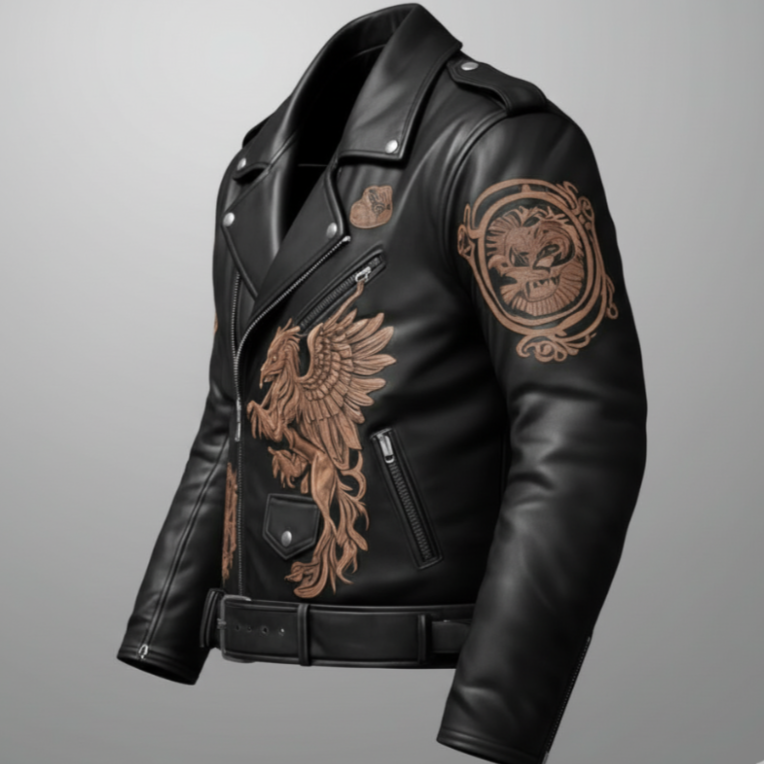 Men’s Premium Black Leather Biker Jacket – Embroidered Griffin & Crest Design, Slim Fit Streetwear