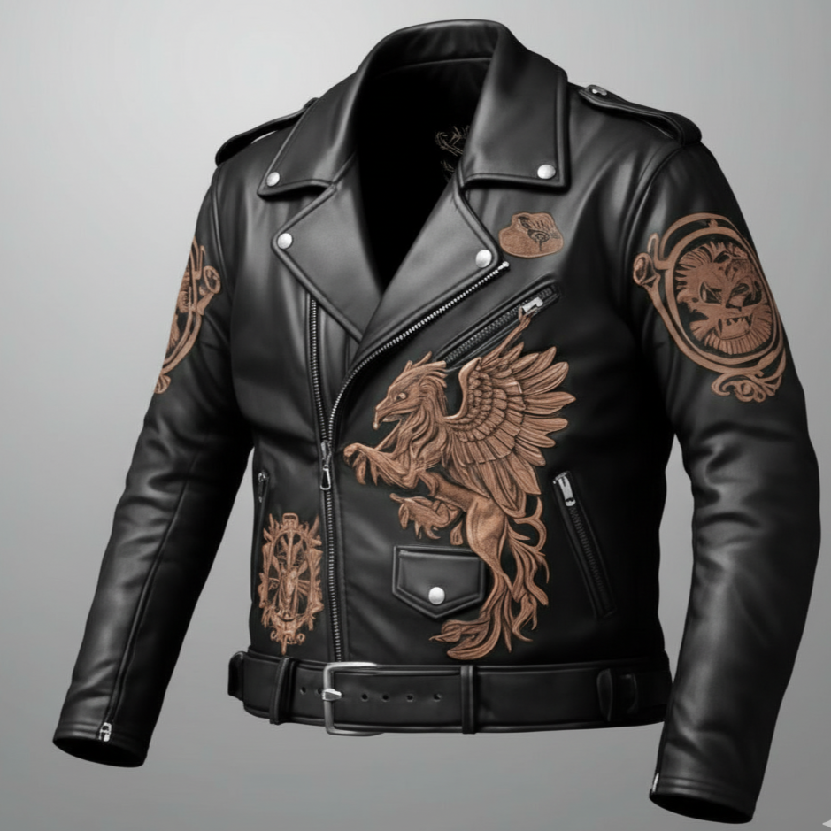Men’s Premium Black Leather Biker Jacket – Embroidered Griffin & Crest Design, Slim Fit Streetwear