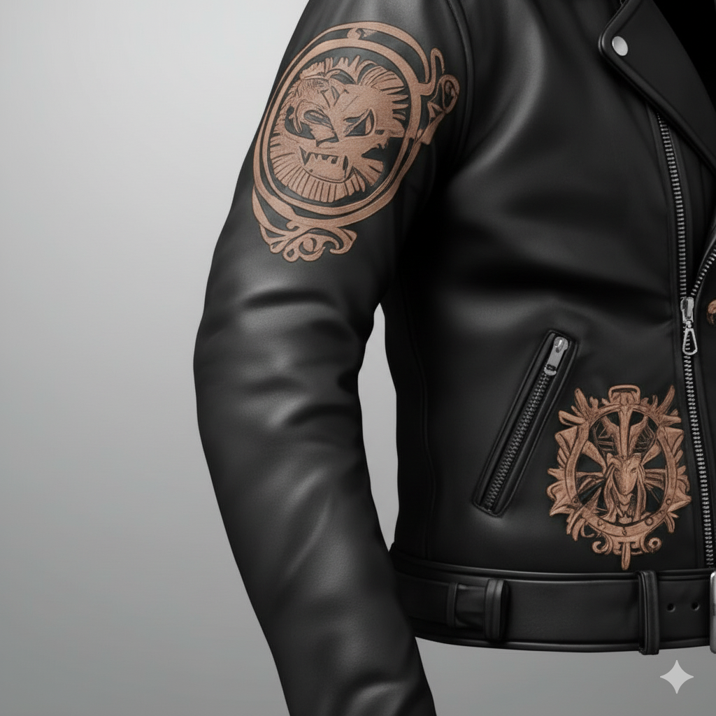 Men’s Premium Black Leather Biker Jacket – Embroidered Griffin & Crest Design, Slim Fit Streetwear