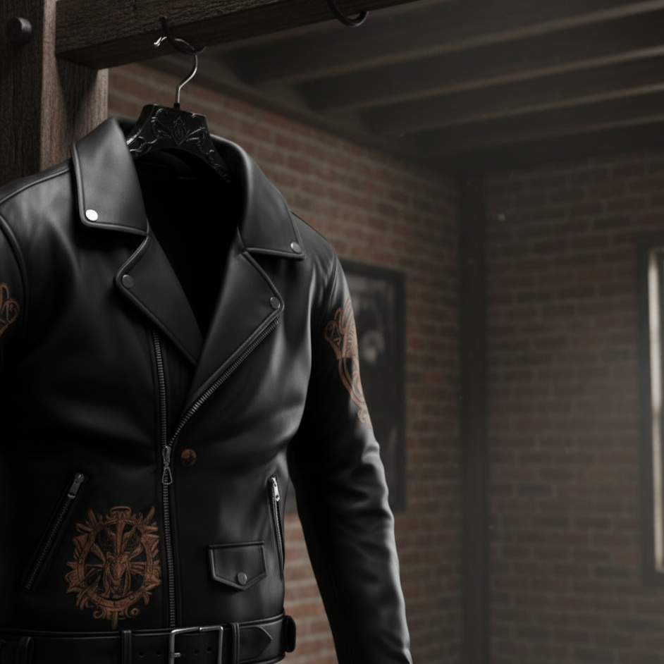 Men’s Premium Black Leather Biker Jacket – Embroidered Griffin & Crest Design, Slim Fit Streetwear