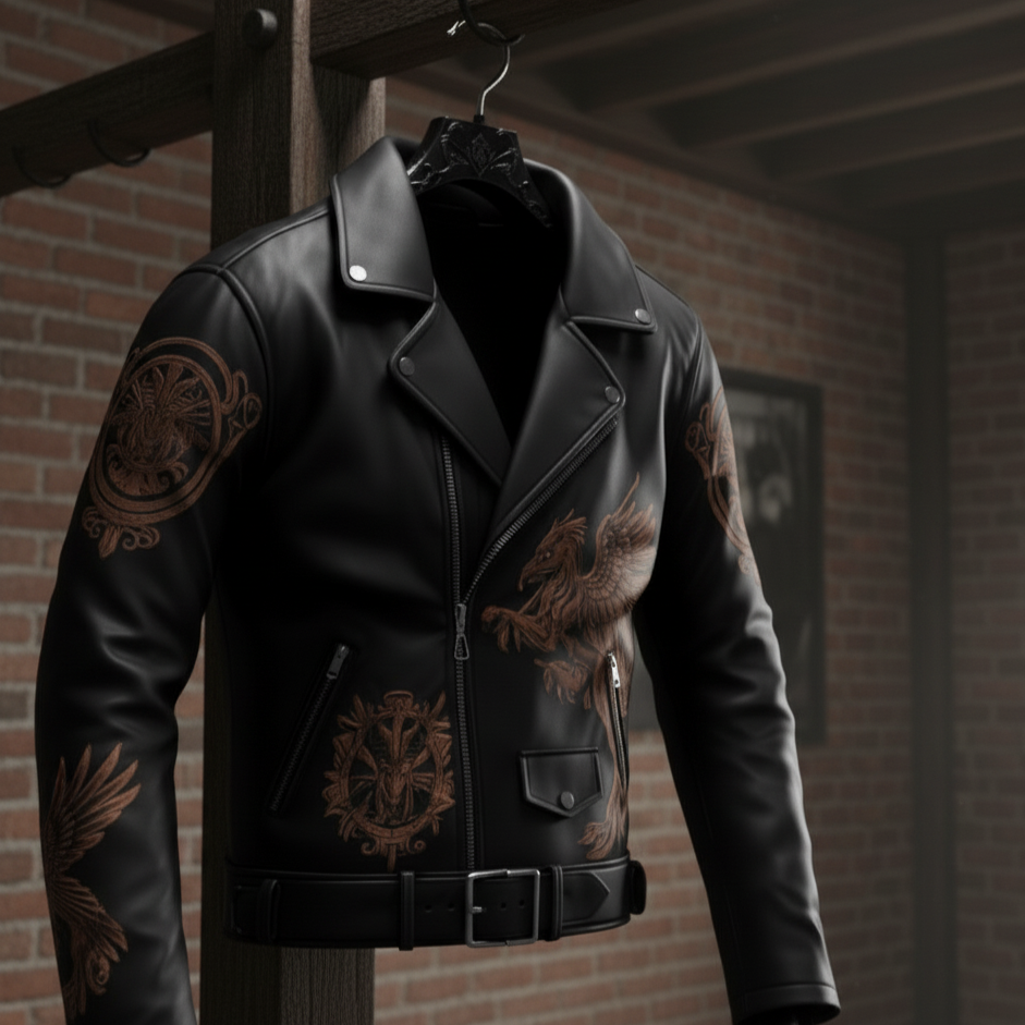Men’s Premium Black Leather Biker Jacket – Embroidered Griffin & Crest Design, Slim Fit Streetwear