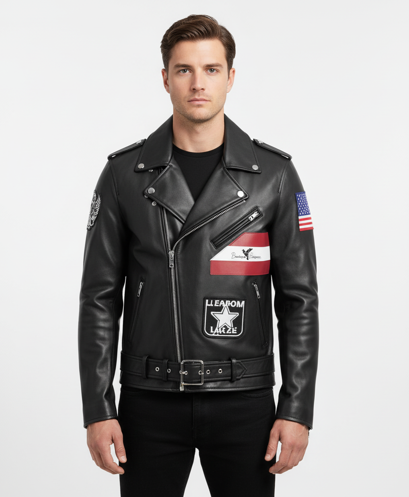 Men’s Classic Biker Leather Jacket with American Flag & Eagle Crest