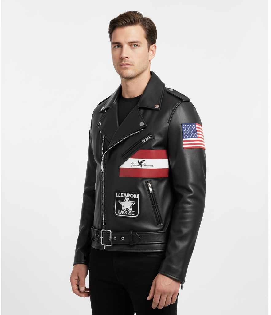 Men’s Classic Biker Leather Jacket with American Flag & Eagle Crest
