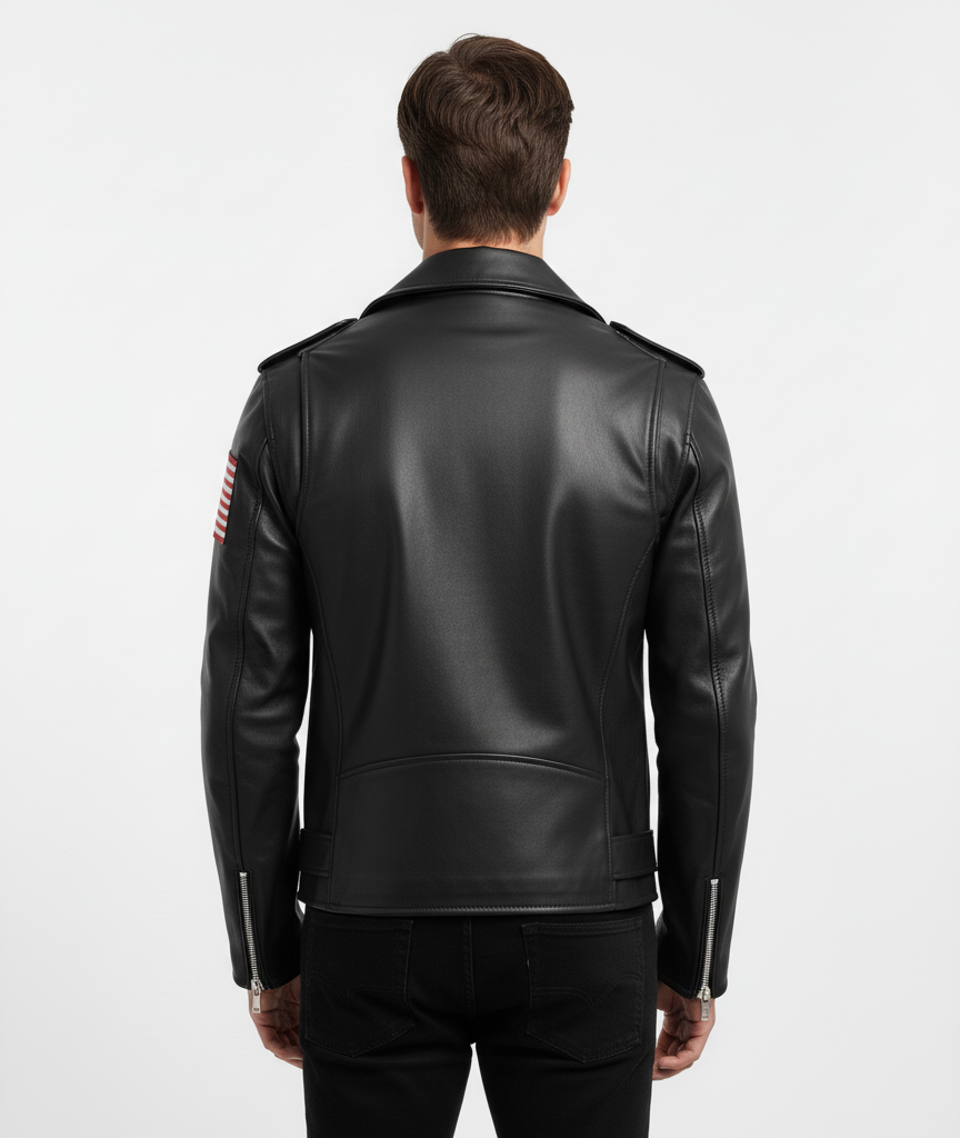 Men’s Classic Biker Leather Jacket with American Flag & Eagle Crest