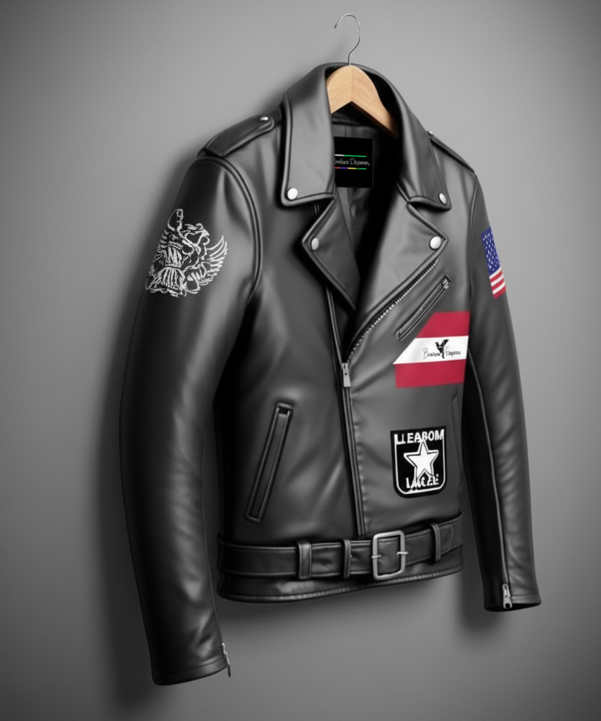 Men’s Classic Biker Leather Jacket with American Flag & Eagle Crest