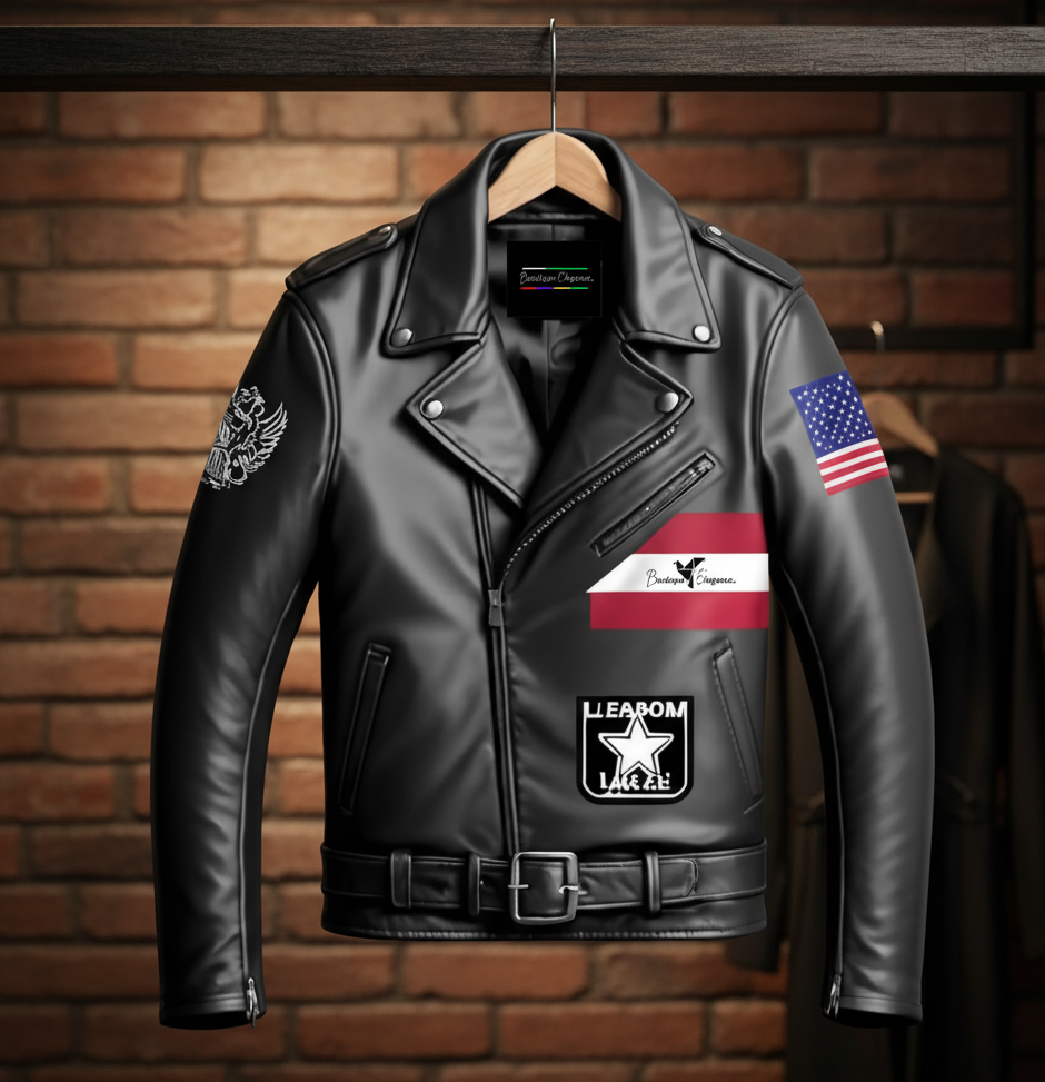 Men’s Classic Biker Leather Jacket with American Flag & Eagle Crest