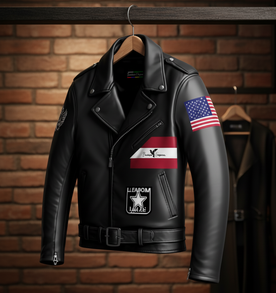 Men’s Classic Biker Leather Jacket with American Flag & Eagle Crest