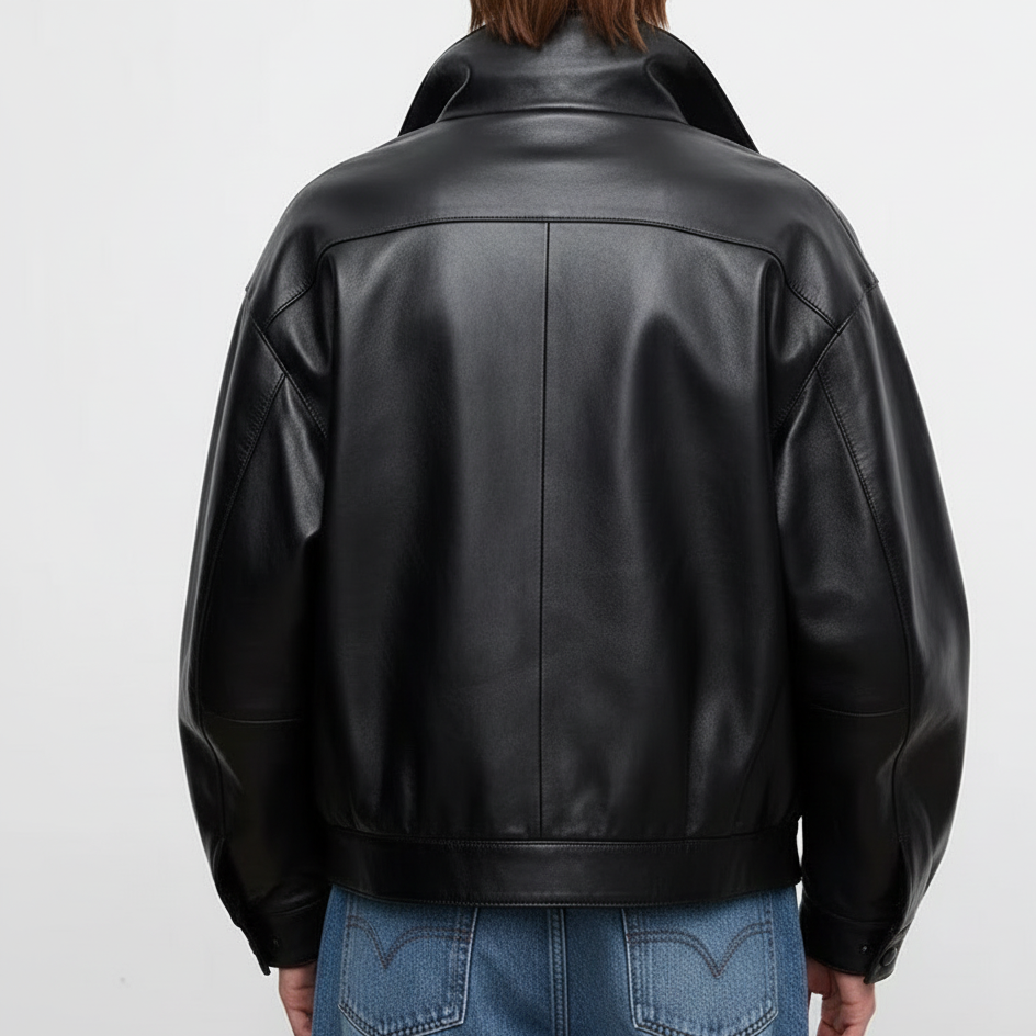 Women’s Retro Oversized Sheepskin Leather Short Jacket – Casual Streetwear, Vintage Loose Fit