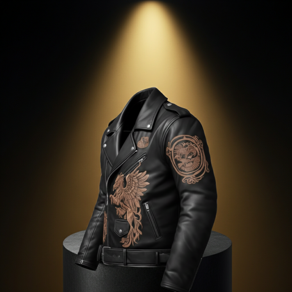 Men’s Premium Black Leather Biker Jacket – Embroidered Griffin & Crest Design, Slim Fit Streetwear
