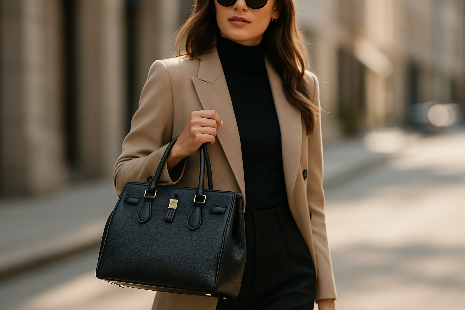 a lady hanging leather bag