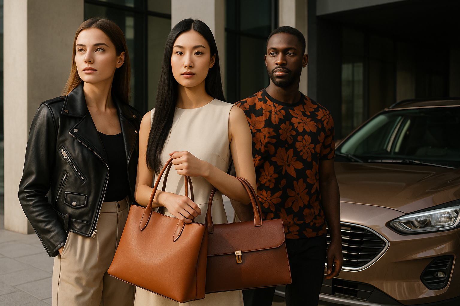 a russain girl is wearing leather jackets and chines girl holding the leather bags and black guy is wearing the printed thsirt ford car one