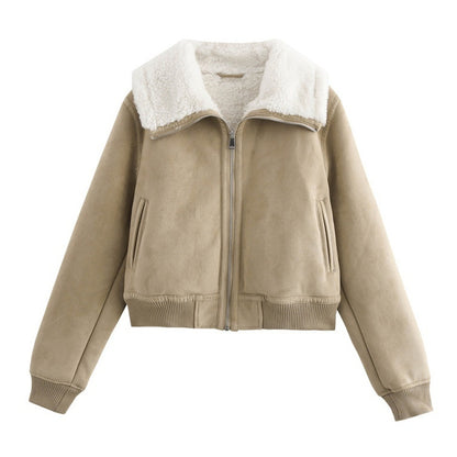 Women’s Warm Fleece Short Jacket – Thickened Winter Coat with Threaded Hem