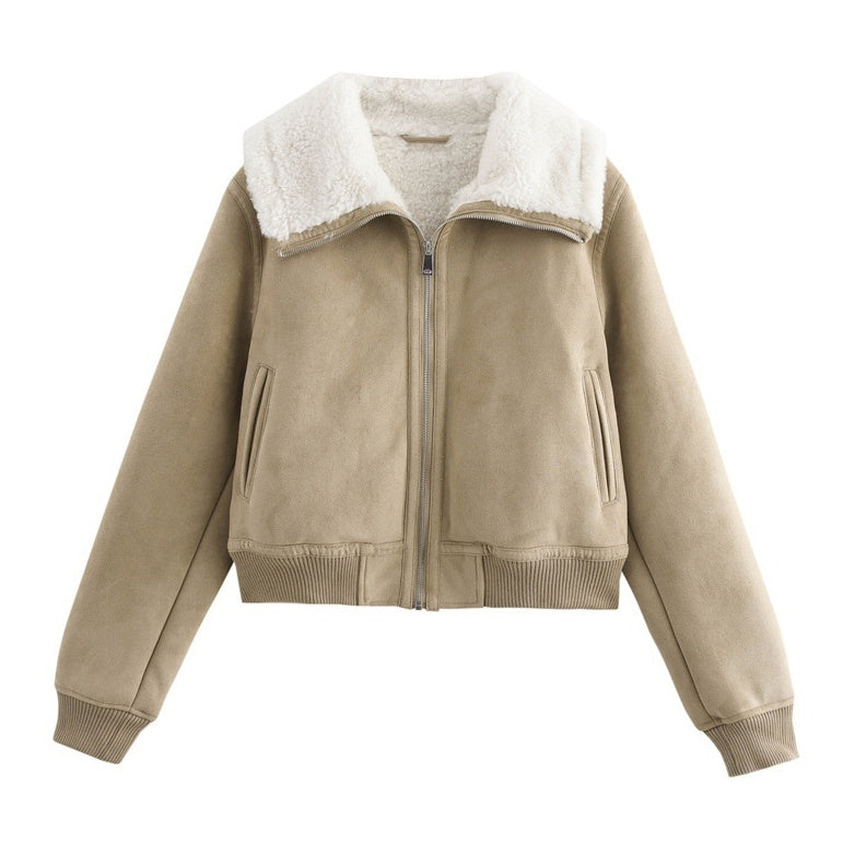 Women’s Warm Fleece Short Jacket – Thickened Winter Coat with Threaded Hem