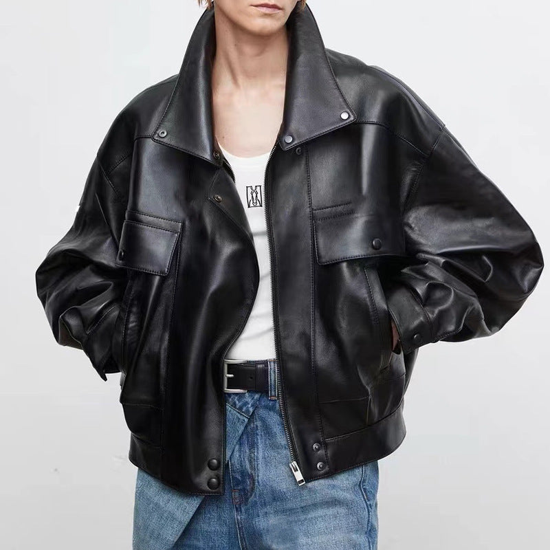 Women’s Retro Oversized Sheepskin Leather Short Jacket – Casual Streetwear, Vintage Loose Fit