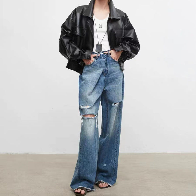 Women’s Retro Oversized Sheepskin Leather Short Jacket – Casual Streetwear, Vintage Loose Fit
