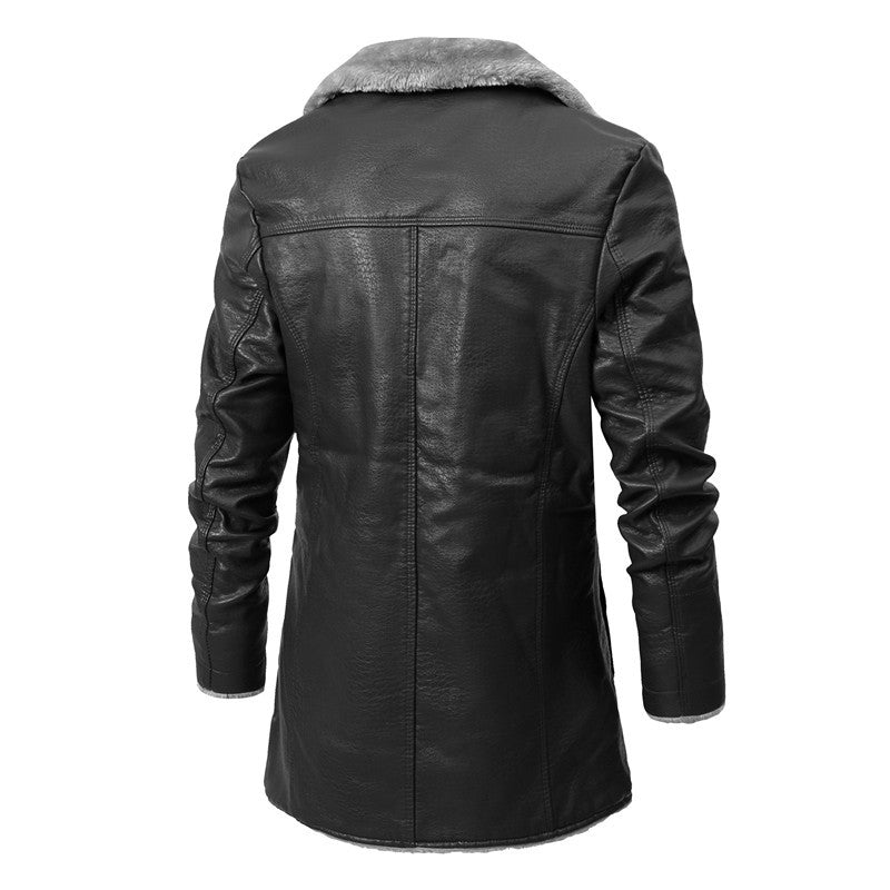 Men’s Winter Faux Leather Coat – Warm Fleece Lined Long Jacket with Plush Lapel