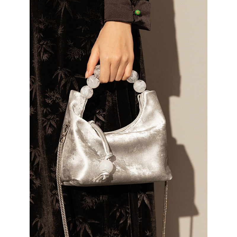 Elegant Genuine Leather Dumpling Bag with Beaded Handle