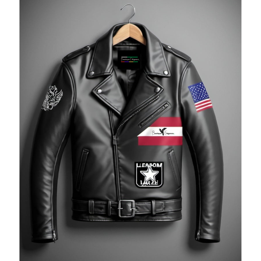 Men’s Classic Biker Leather Jacket with American Flag & Eagle Crest