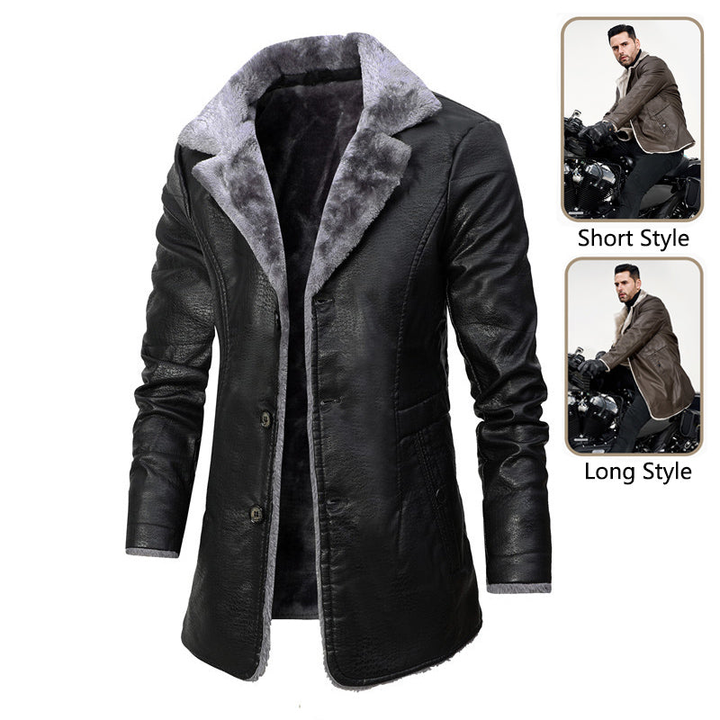 Men’s Winter Faux Leather Coat – Warm Fleece Lined Long Jacket with Plush Lapel