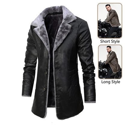 Men’s Winter Faux Leather Coat – Warm Fleece Lined Long Jacket with Plush Lapel