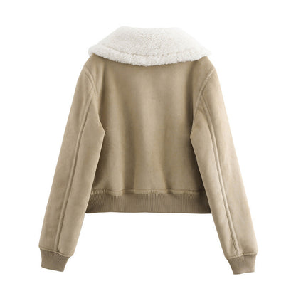 Women’s Warm Fleece Short Jacket – Thickened Winter Coat with Threaded Hem