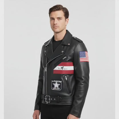 Men’s Classic Biker Leather Jacket with American Flag & Eagle Crest
