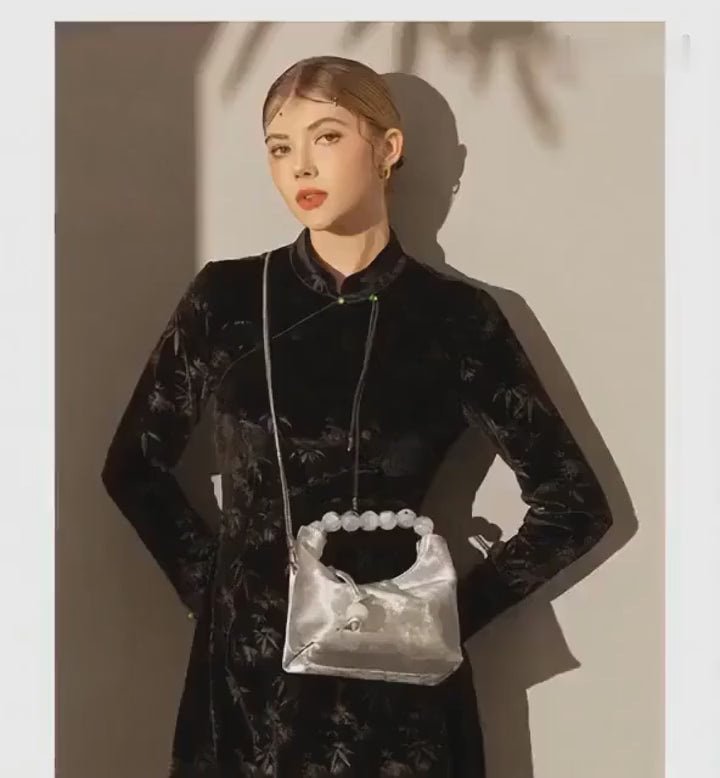 Elegant Genuine Leather Dumpling Bag with Beaded Handle