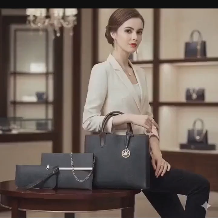 Women’s 3-Piece PU Leather Handbag Set – Tote Bag, Shoulder Bag & Clutch Purse